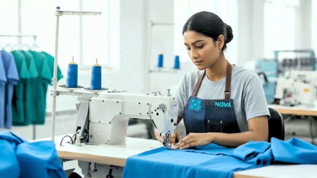 Woman wearing an Econova Textiles apron, meticulously sewing a blue scrub suit on a sewing machine in a bright factory setting.