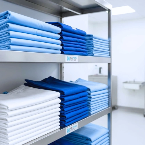 Econova Textiles healthcare linens, including patient gowns, medical scrubs, and bed sheets, neatly organized.